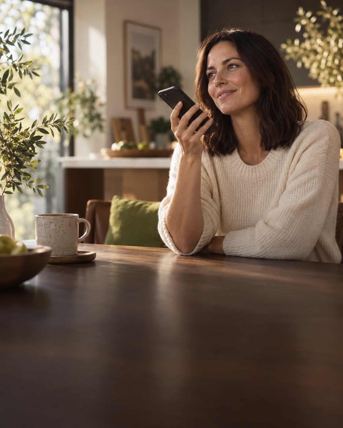 A customer smiling as she speaks to her AI assistant on her phone at home.